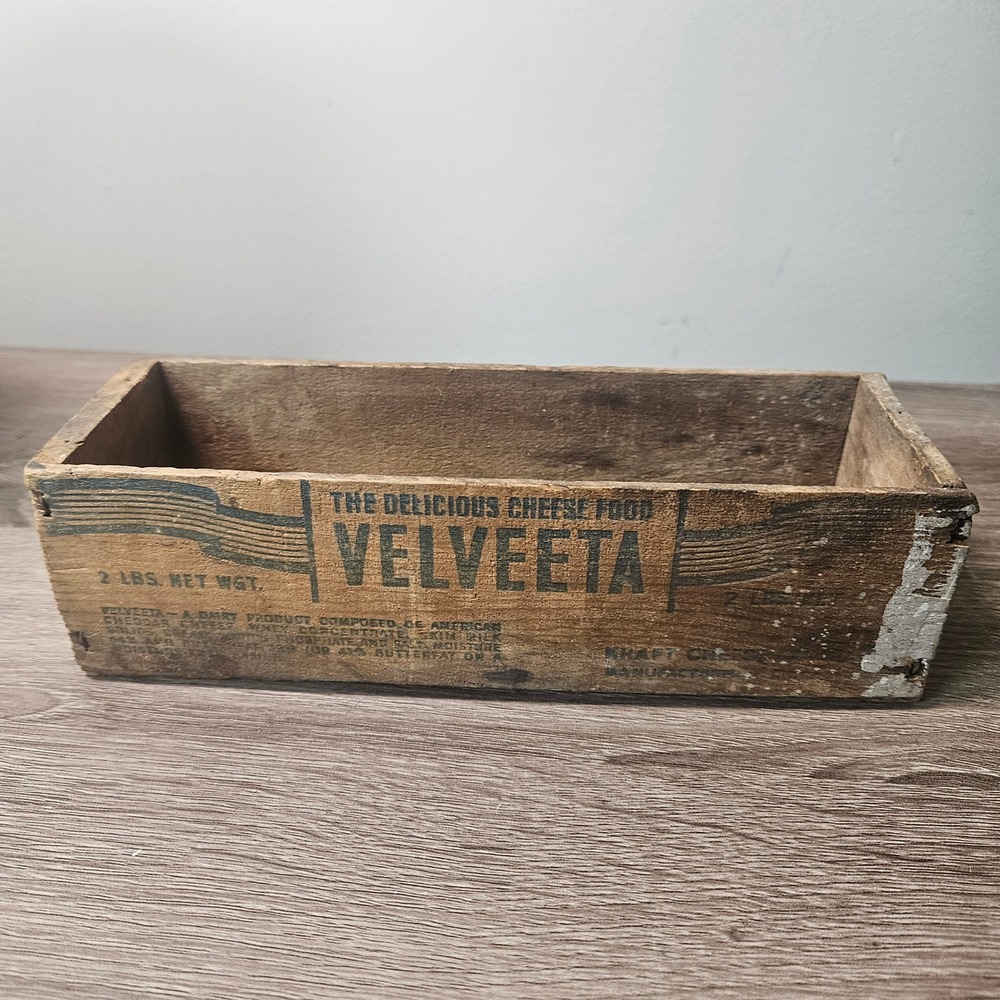 Vintage Velveeta Wooden Cheese Crate Kraft Cheese Co 2lb Box Rustic Farmhouse